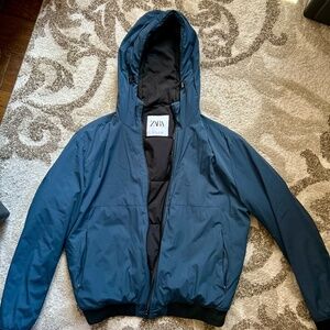 ZARA Blue Hooded Puffer Jacket